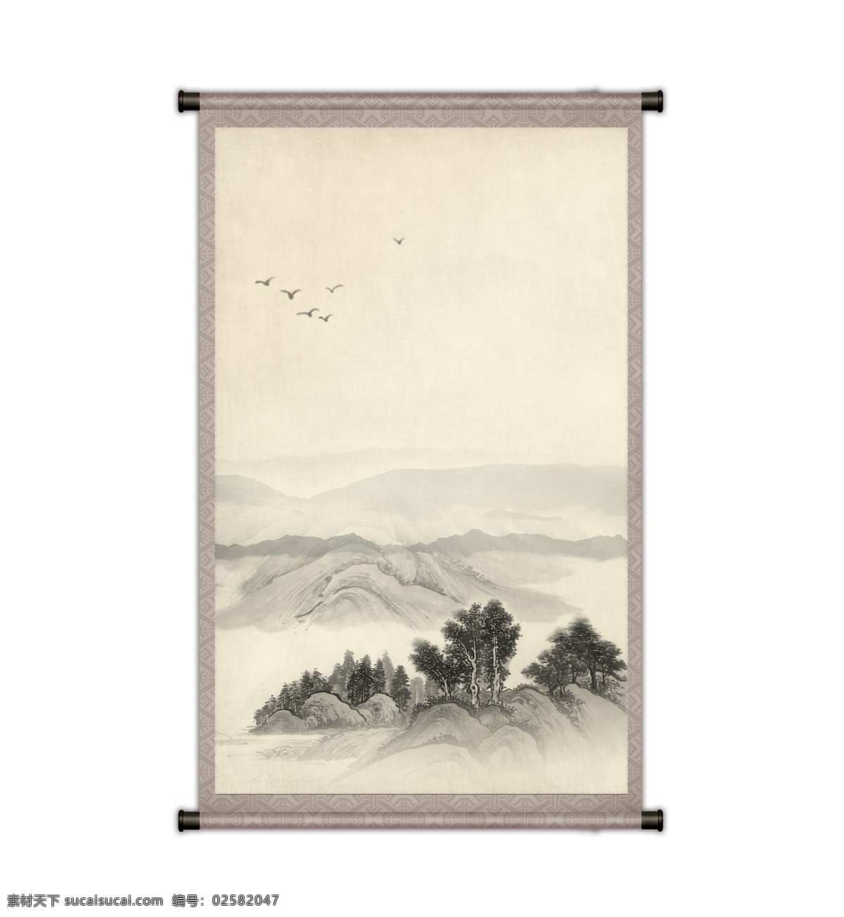山水卷轴 山水画 卷轴 复古卷轴 水墨画 黄色复古卷轴 室内广告设计