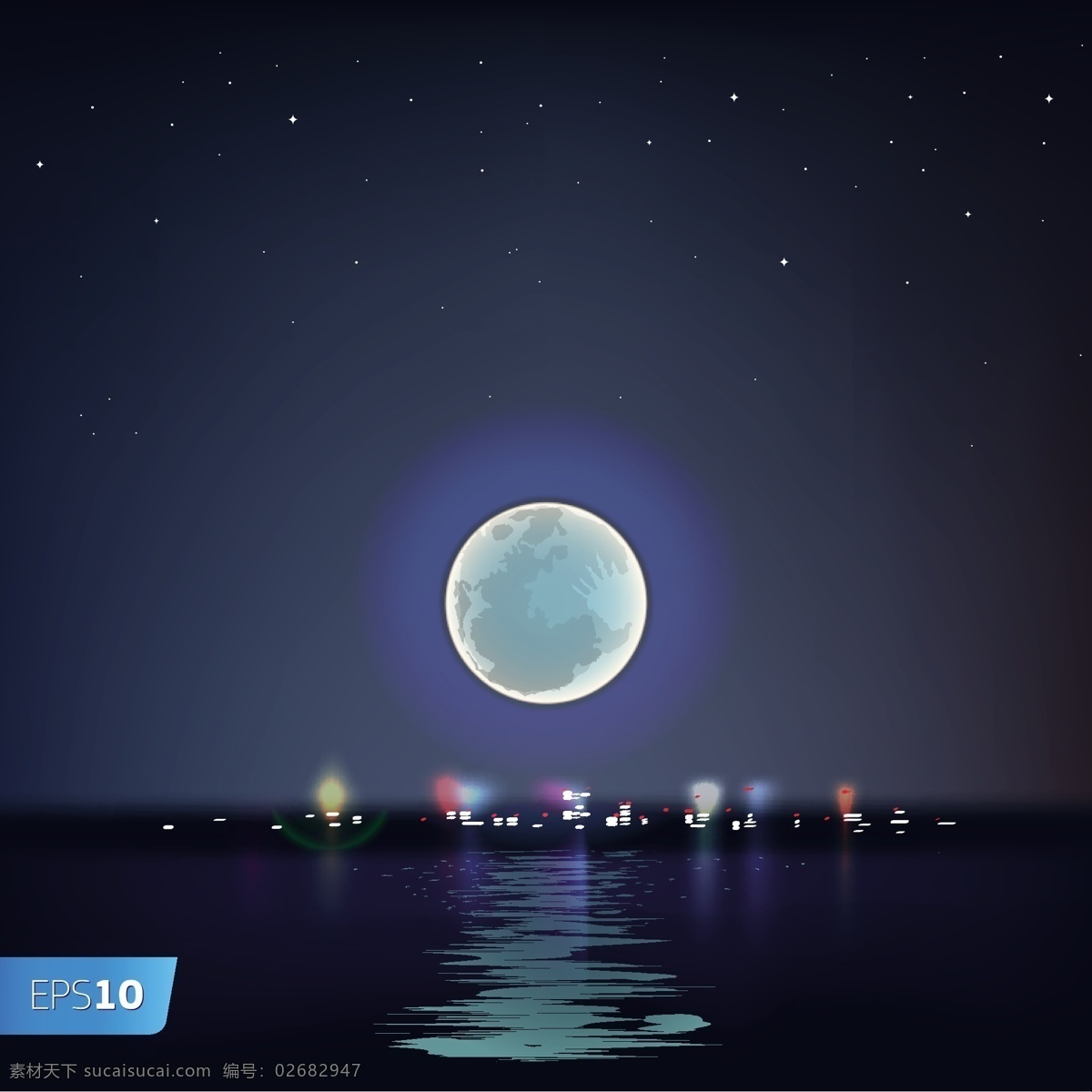 圆 月夜 沿海 城市 风景 圆月 夜景 灯光 卡通 手绘 矢量 矢量卡通背景 自然景观