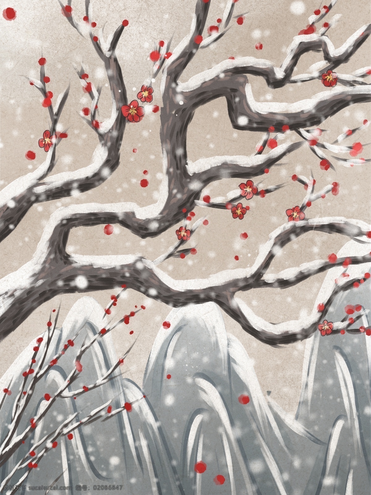 冬季 梅花 复古 水墨 插画 冬天 雪景 树枝 中国风 壁纸 积雪 山 背景