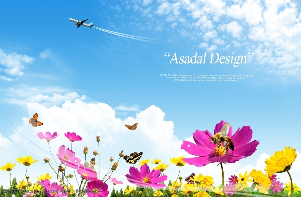 鲜花 花朵 蓝天 白云 蝴蝶 春天 创新psd 飞机 田野 psd源文件