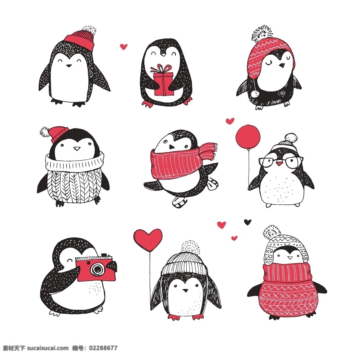 九 款 可爱 的卡 通 企鹅 矢量 戴围巾的企鹅 冬天 气球 雪地 里 戴帽子的企鹅 可爱的企鹅 雪花 插画 卡通 动物