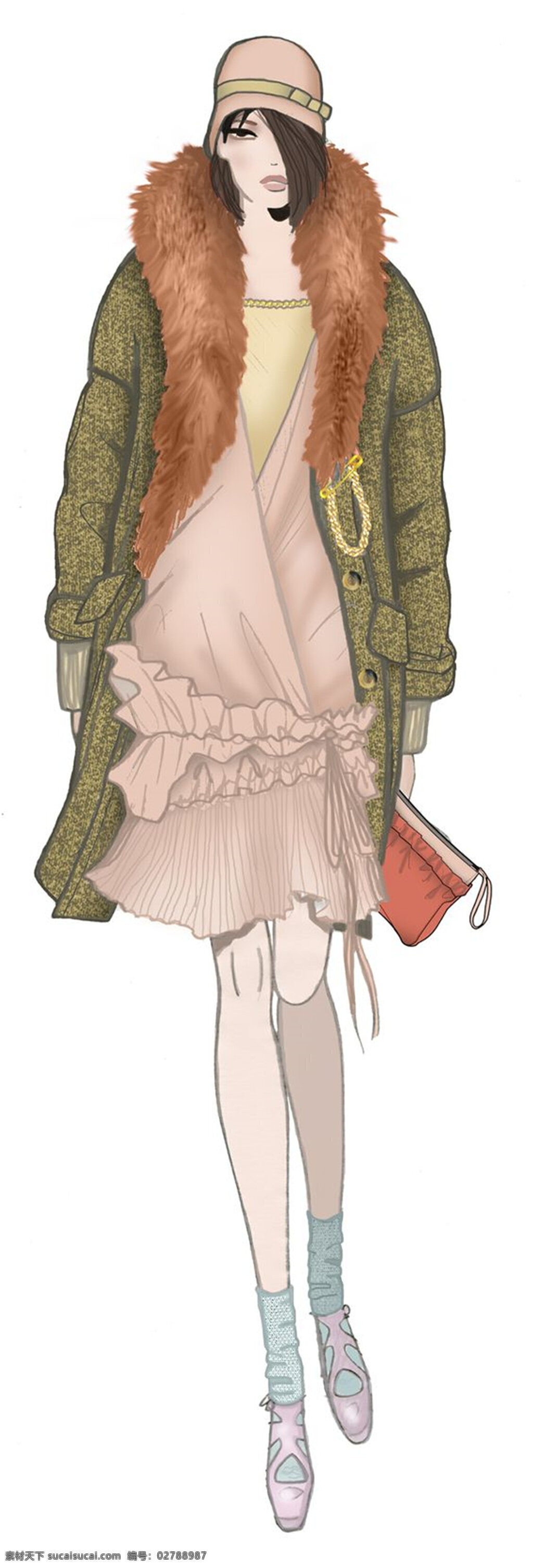 时尚 橙色 毛领 大衣 女装 效果图 粉色裙子 服装设计 服装效果图