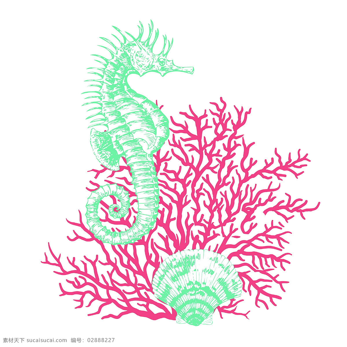 海马和珊瑚 矢量 印花 海马 珊瑚 t恤印花 抱枕印花