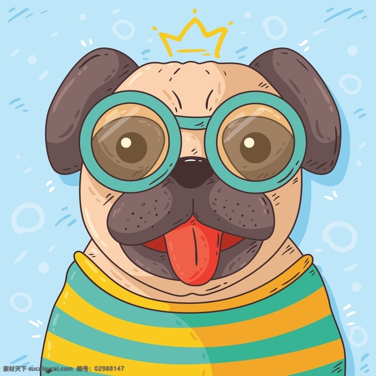 插画 戴眼镜 动物 狗 哈巴狗 可爱 可爱宠物 犬 手绘 王冠 戴 眼镜