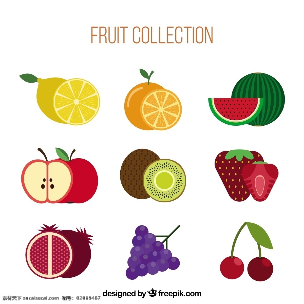 手绘 扁平 风格 不同 水果 9个 扁平风格 不同水果