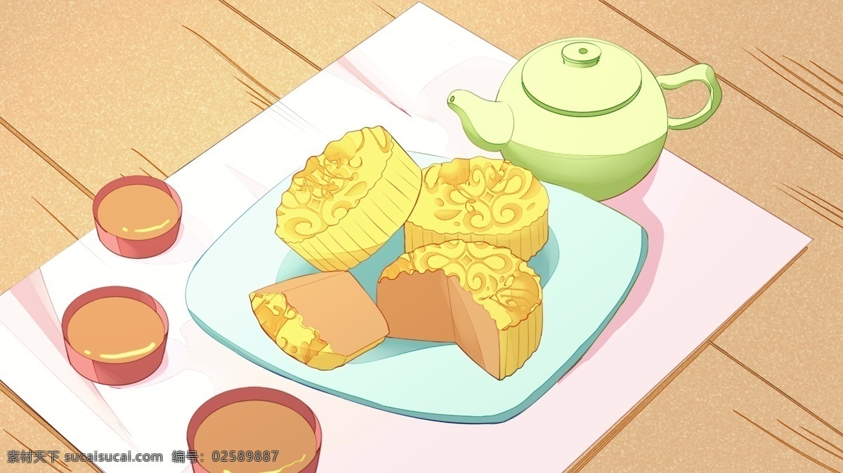 秋天 你好 秋季 中秋节 美食 插画 手机 微信 banner 中秋 月饼 茶 壁纸 微博