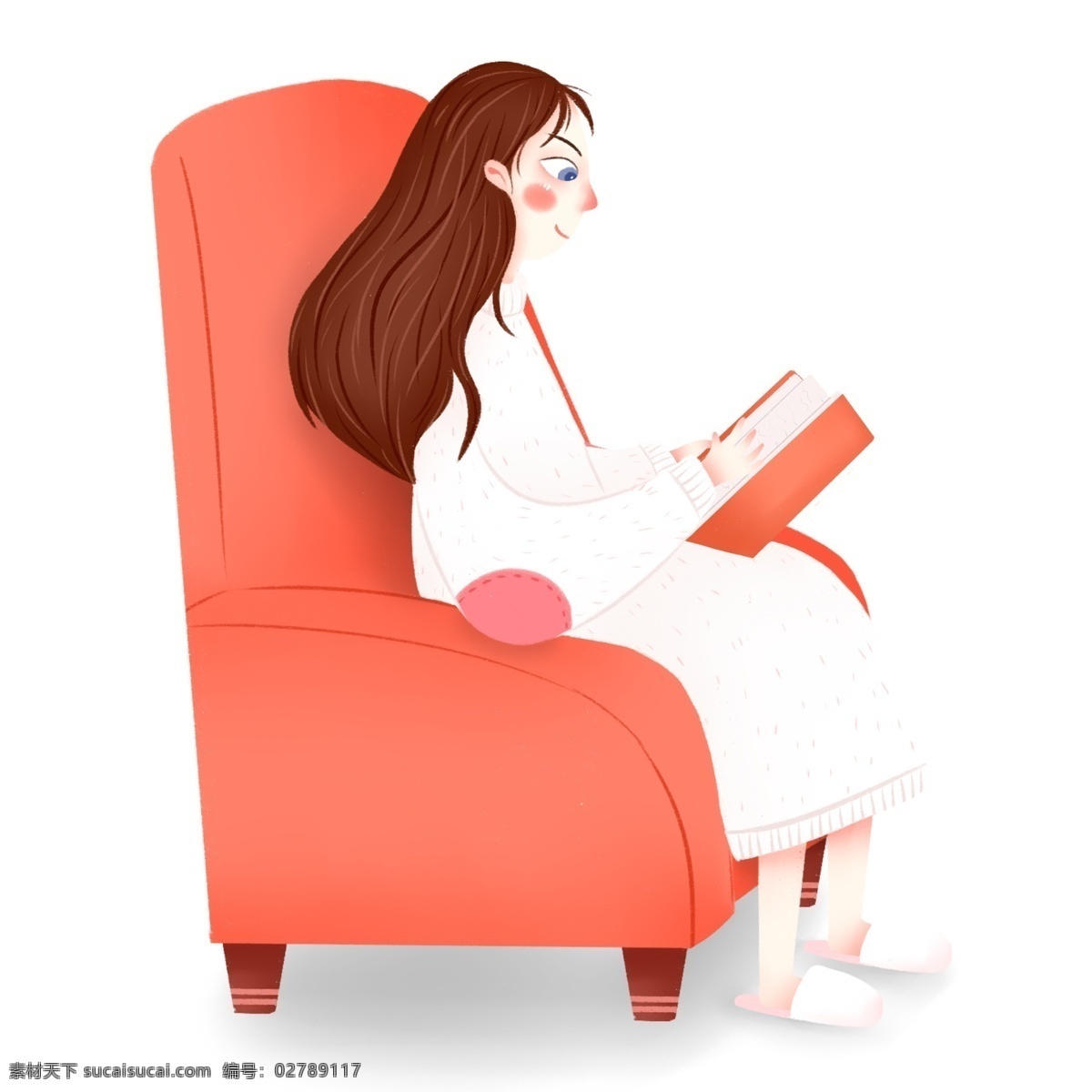 手绘 卡通 女孩 坐在 沙发 上 看书 原创 元素 可爱 设计元素 粉色 阅读 原创元素