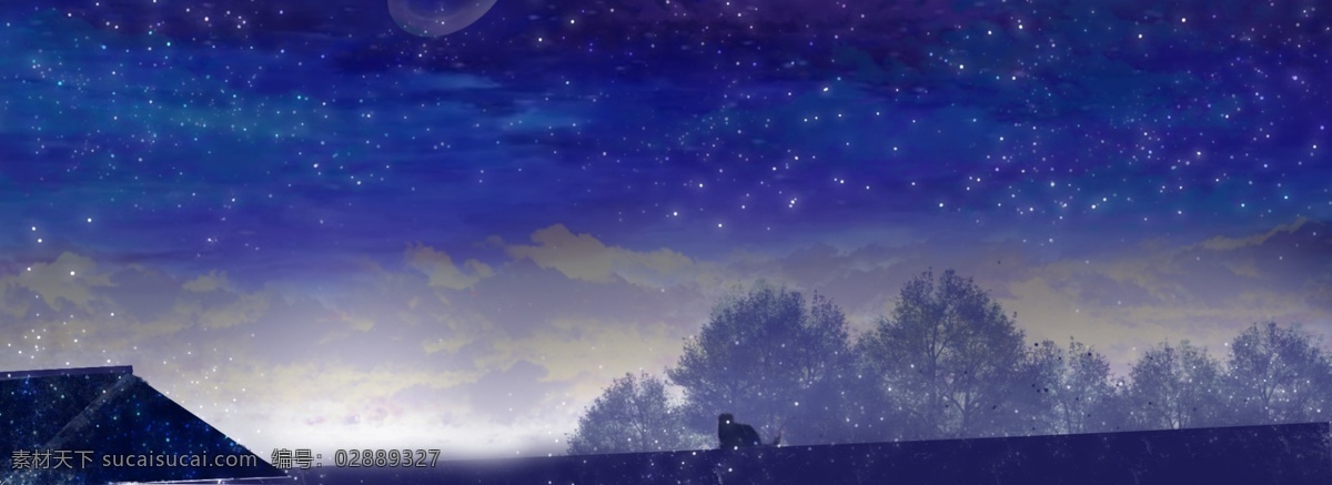 静谧的夜空 猫 手绘 屋顶 夜空 树