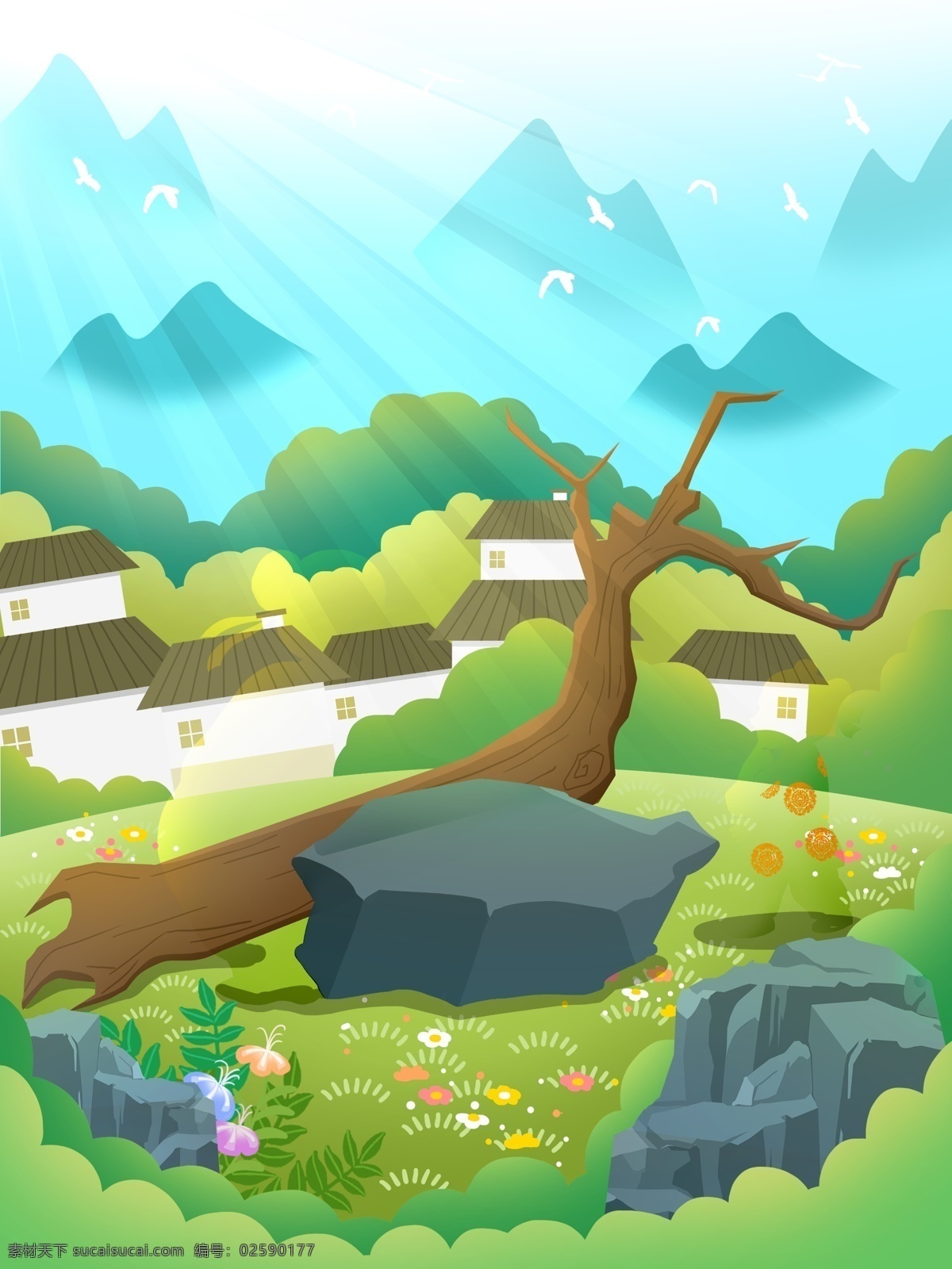 清新 春季 草地 小屋 背景 春天 春分背景 广告背景 背景设计 彩绘背景 psd背景 背景展板 特邀背景 背景展板图