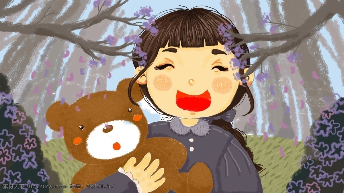 森林 里 抱 玩具 熊 小女孩 原创 插画 女孩 可爱 儿童节 树 儿童 开心 小清新风 玩耍 原创插画 花