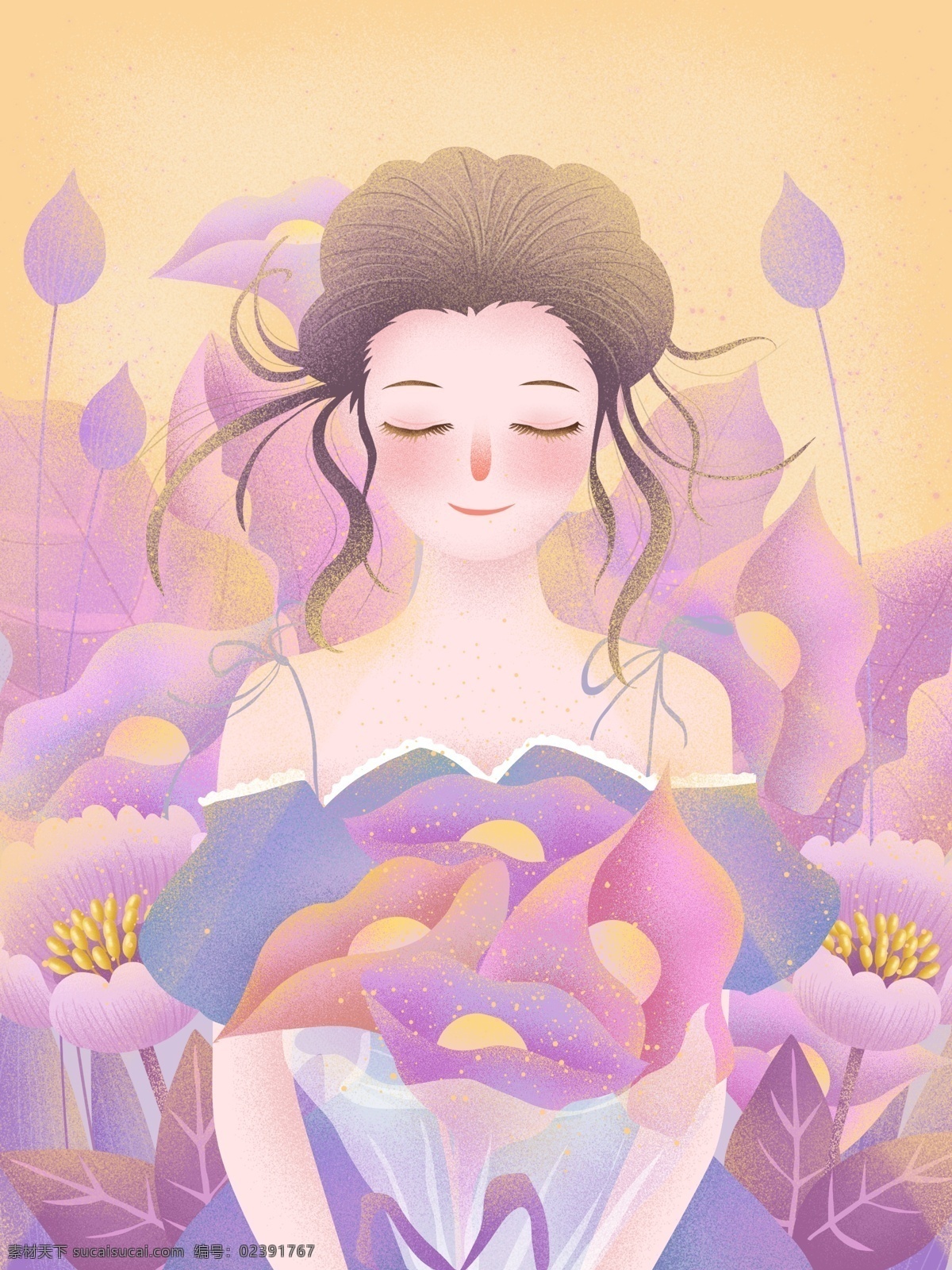 原创 手绘 插画 花束 女孩 花海 花朵 浪漫 唯美 手绘插画 花 粉色