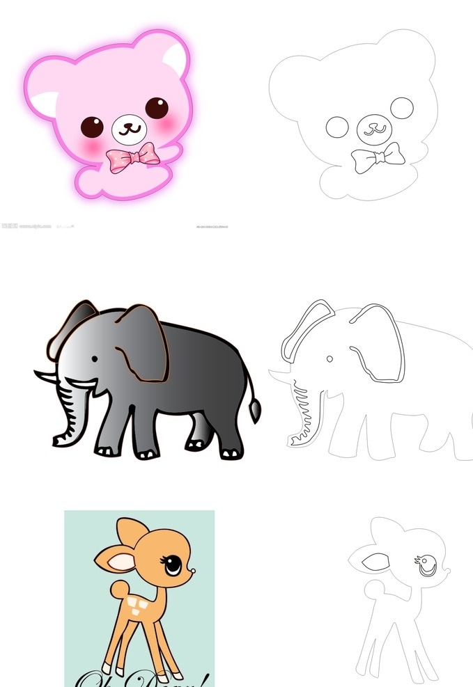 动物线条稿 动物图案 大象失量图 小狗失量图 熊仔失量图 广告图案 服装图案 失量花纹 生物世界 野生动物
