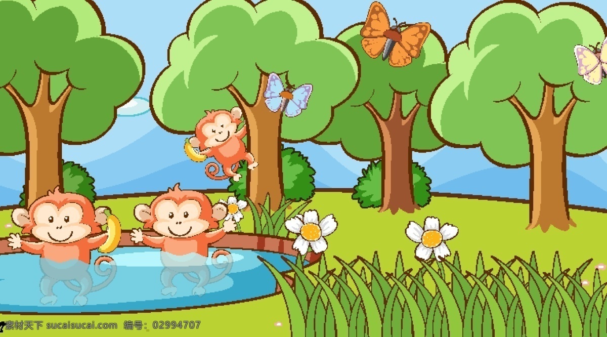 森林里的猴子 猴子 香蕉 蝴蝶 大树 小草 湖边 猴子洗澡 猴子爬树 动漫动画 风景漫画