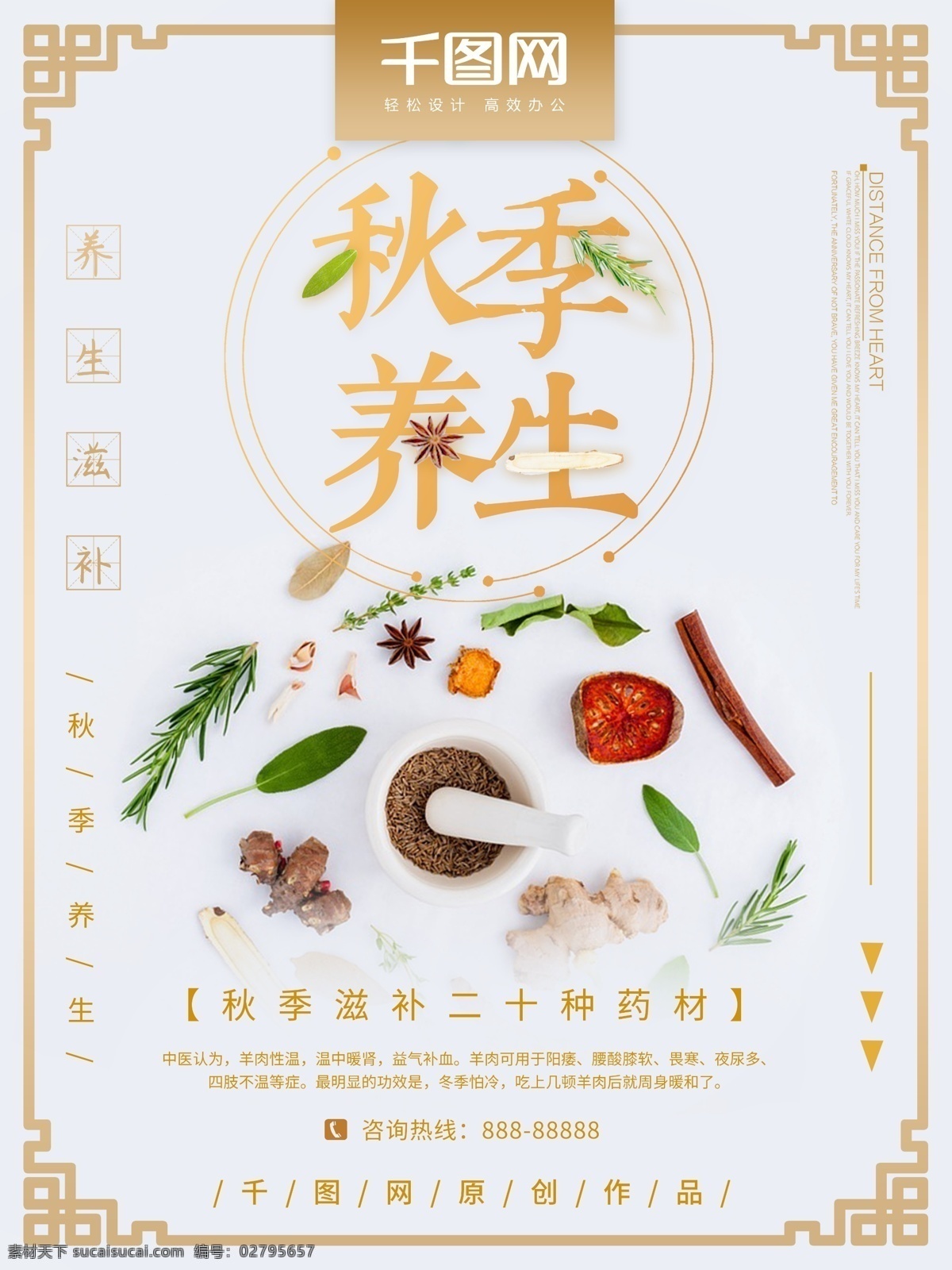 中式 简约 秋季 养生 海报 中国风 金色 秋季养生 药材 补品