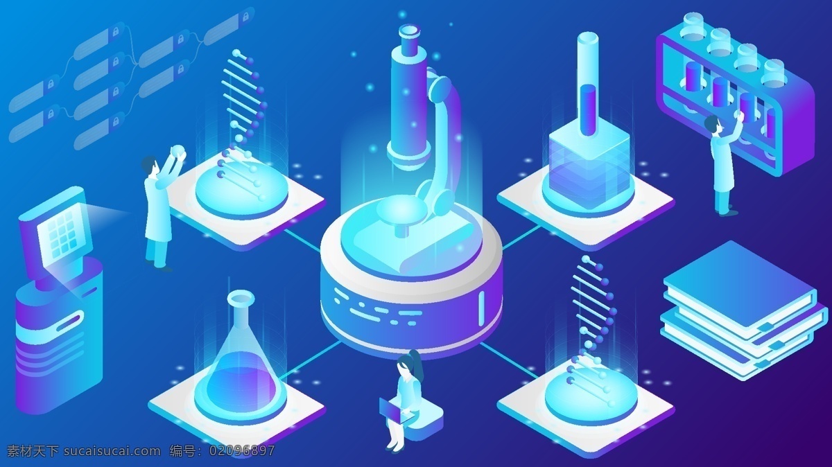 未来 科技 基因 技术 研究 等距 视角 矢量 插画 电脑 书本 dna 实验 试管 科学家 工程师 显微镜 烧瓶 配图 手机壁纸