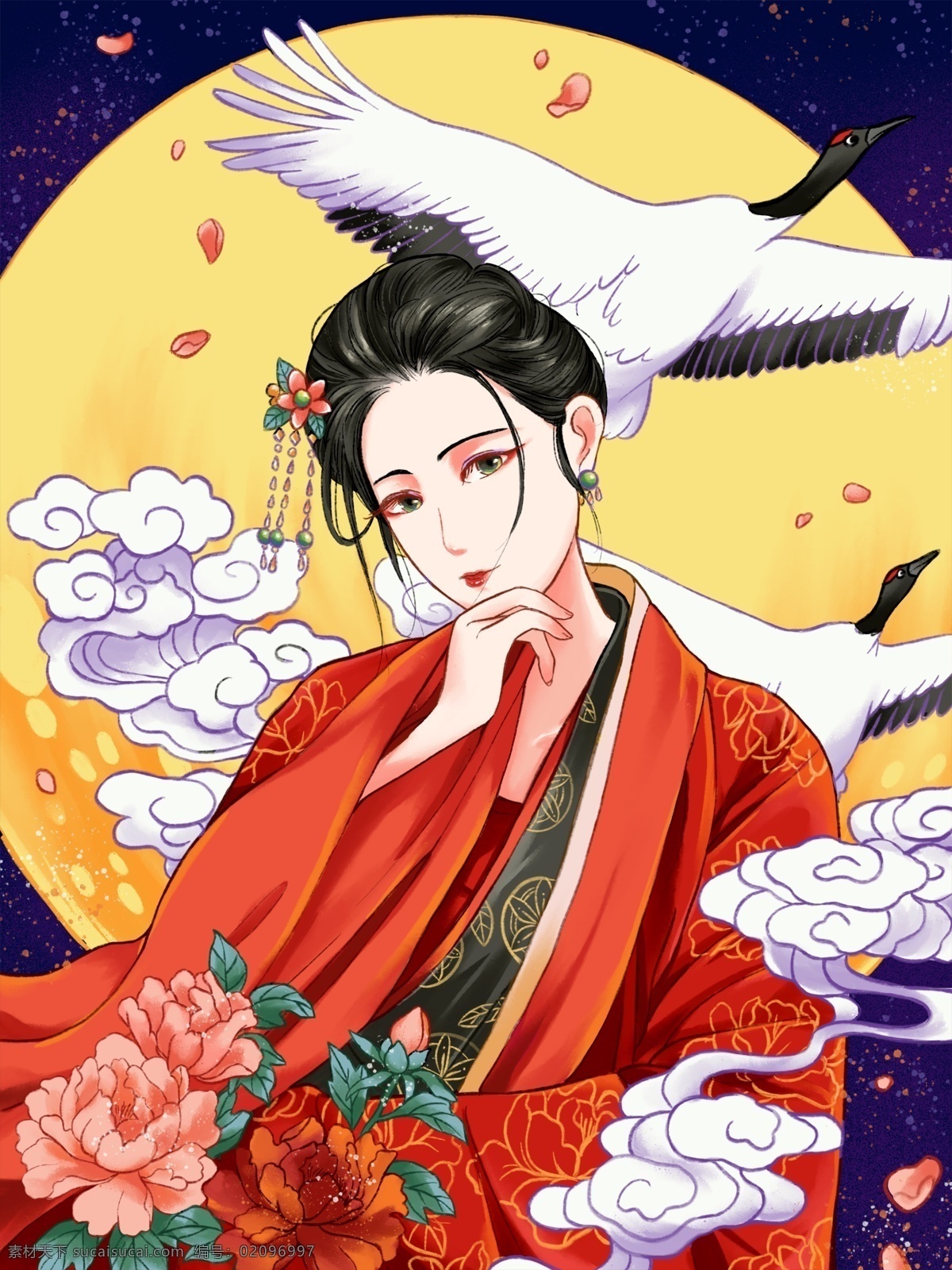 原创 手绘 插画 国 潮 中国 风 复古 女孩 国潮 中国风 古典 古装 女人 仙鹤 丹顶鹤 闪屏 启动页 海报 朋友圈海报 手机壁纸 壁纸 banner