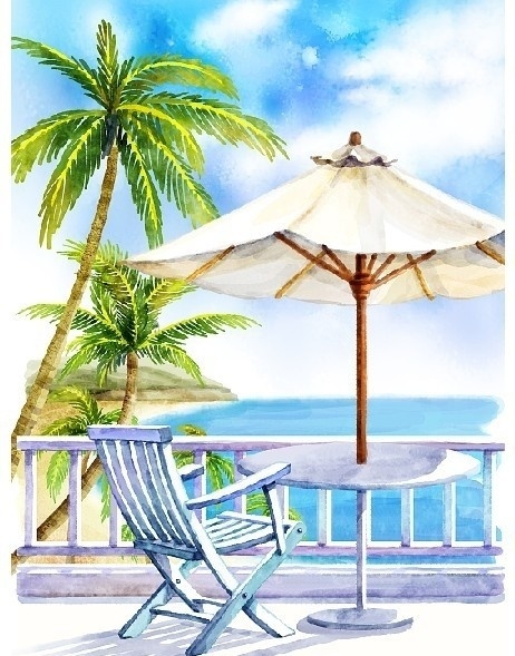 夏天风景插画 海边风情 遮阳伞 椅子 海边风景 大海 椰子树 海边观景 蓝天白云 韩国插画 手绘插画 夏天插画精品 分层 源文件 插画风景 风景