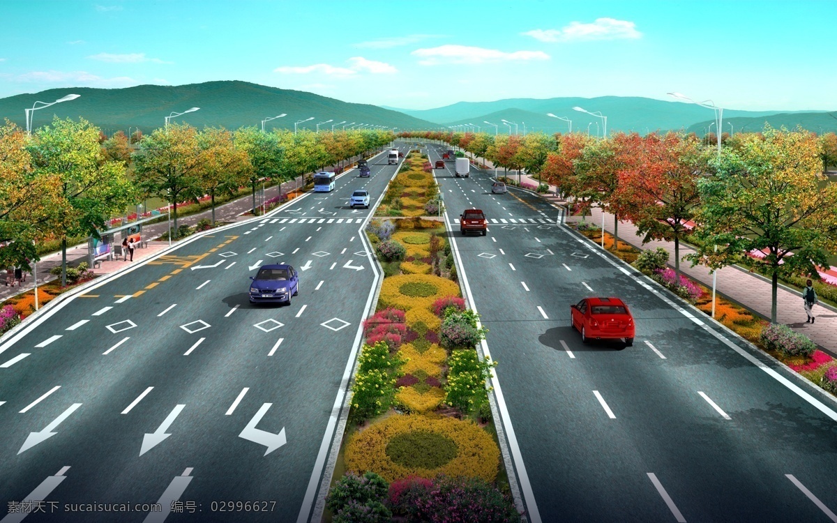 道路绿化 景观效果图 绿化景观 园林设计 景观设计 园林效果图 后期素材 环境设计 道路景观