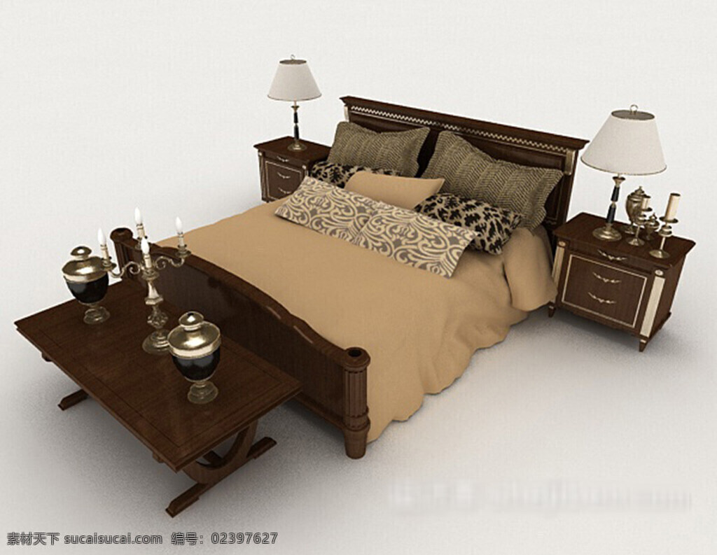 新 中式 复古 木质 双人床 3d 模型 3d模型下载 3dmax 现代风格模型 家具模型 家居家装 欧式风格 古典