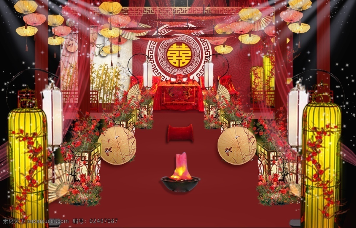 中式 婚礼 效果图 源文件 中式婚礼 红色传统婚礼 宫灯路引婚礼 荷叶灯 金色竹子 天地供桌