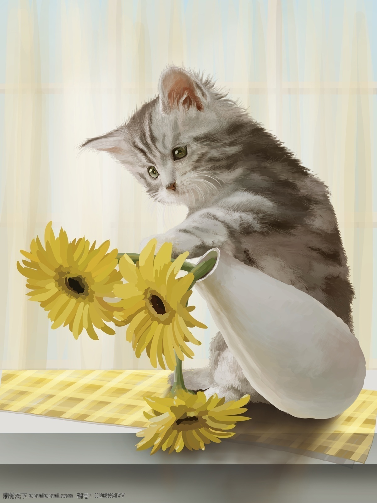 原创 手绘 插画 宠物 猫 非洲菊 温馨 小清新 菊花 花瓶 窗台 桌布 水粉 写实 配图