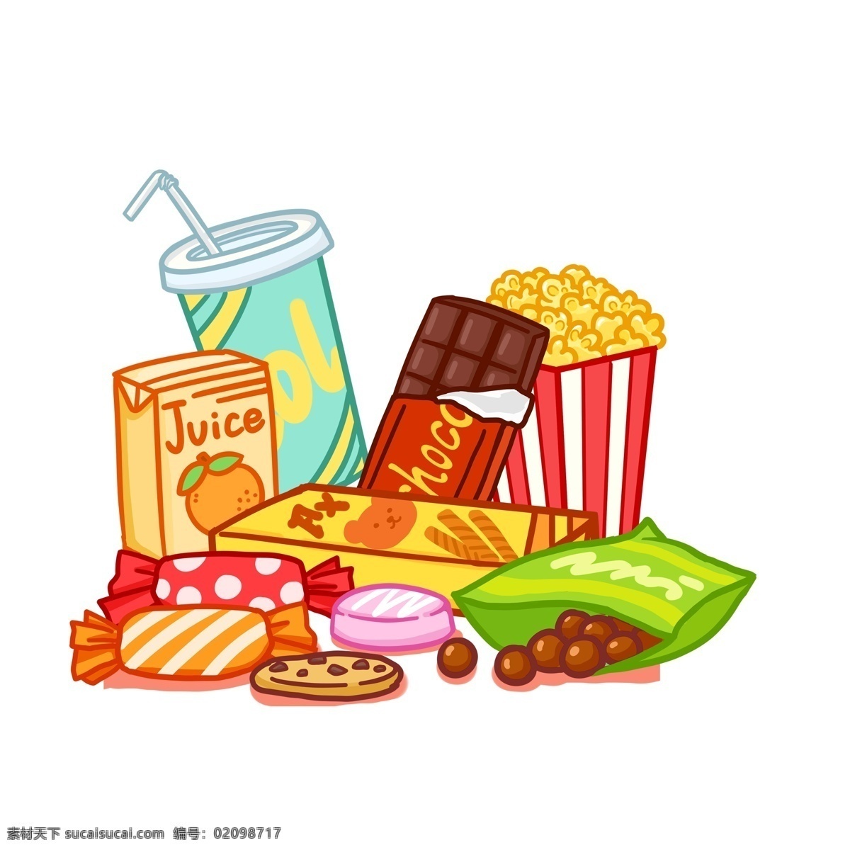 手绘 堆 美味 零食 元素 插画 美食 果汁 巧克力 糖果 爆米花