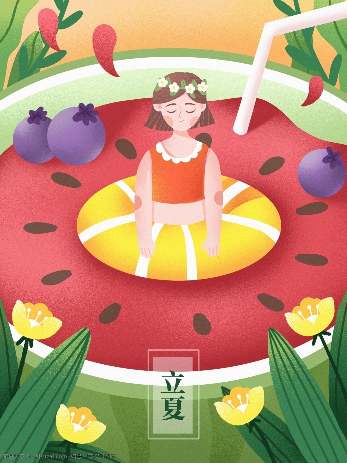 二十四节气 立夏 西瓜 里 女孩 插画 绘画 初夏 夏天你好 你好夏天 水果 游泳圈 果汁 植物 花朵 蓝莓 女生 短发 小清新 插画绘画