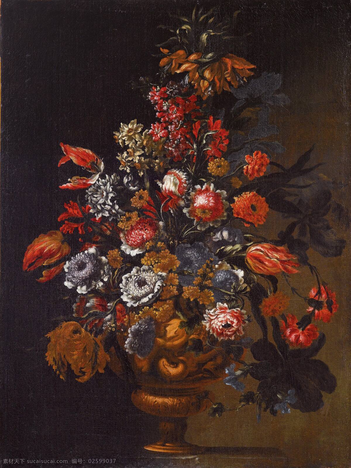 静物鲜花 混搭鲜花 永恒之美 铜制花瓶 巴洛克时期 古典油画 油画 绘画书法 文化艺术
