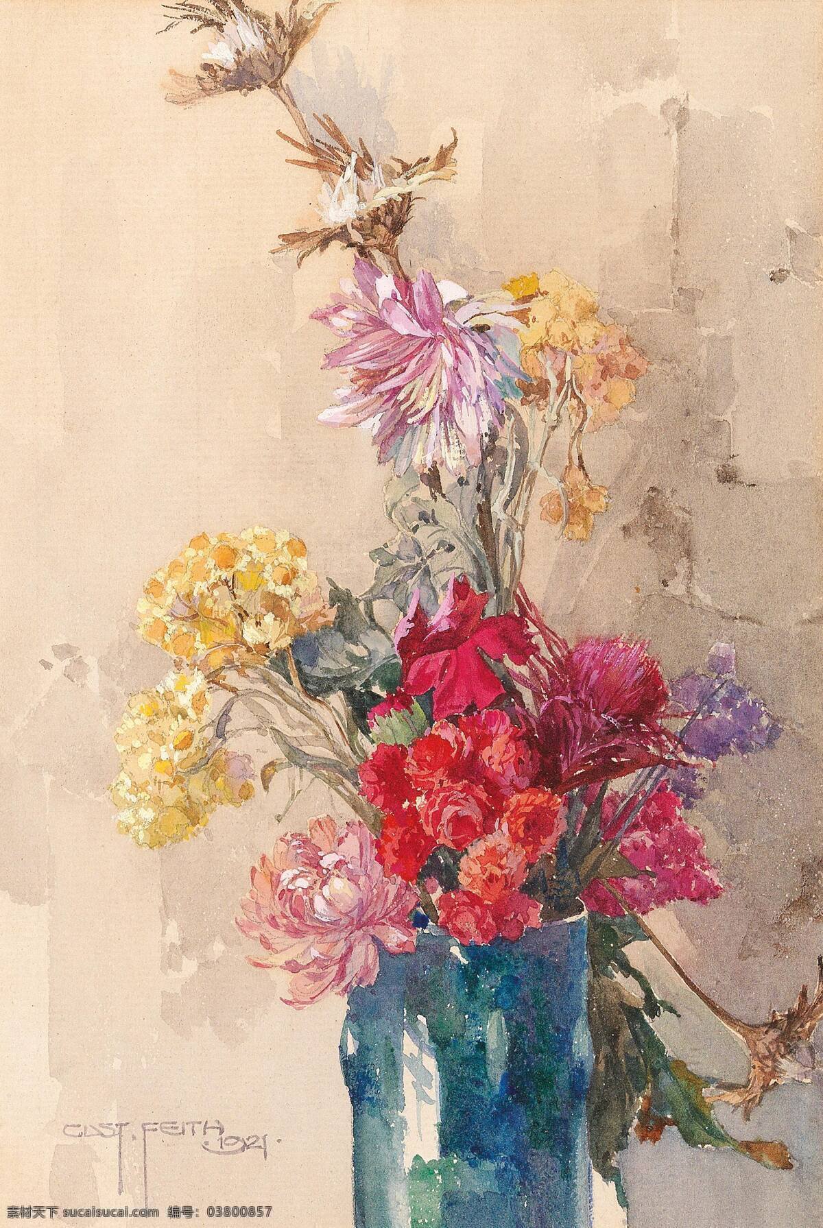 古斯塔夫 费斯作品 奥地利画家 蓝色花瓶 混搭鲜花 束红花 黄花 世纪 水彩画 油画 文化艺术 绘画书法