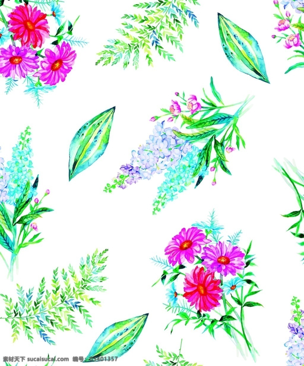数码印花 水彩花卉 水彩 花卉 数码花型 四方连续 错位拼接 底纹边框 背景底纹