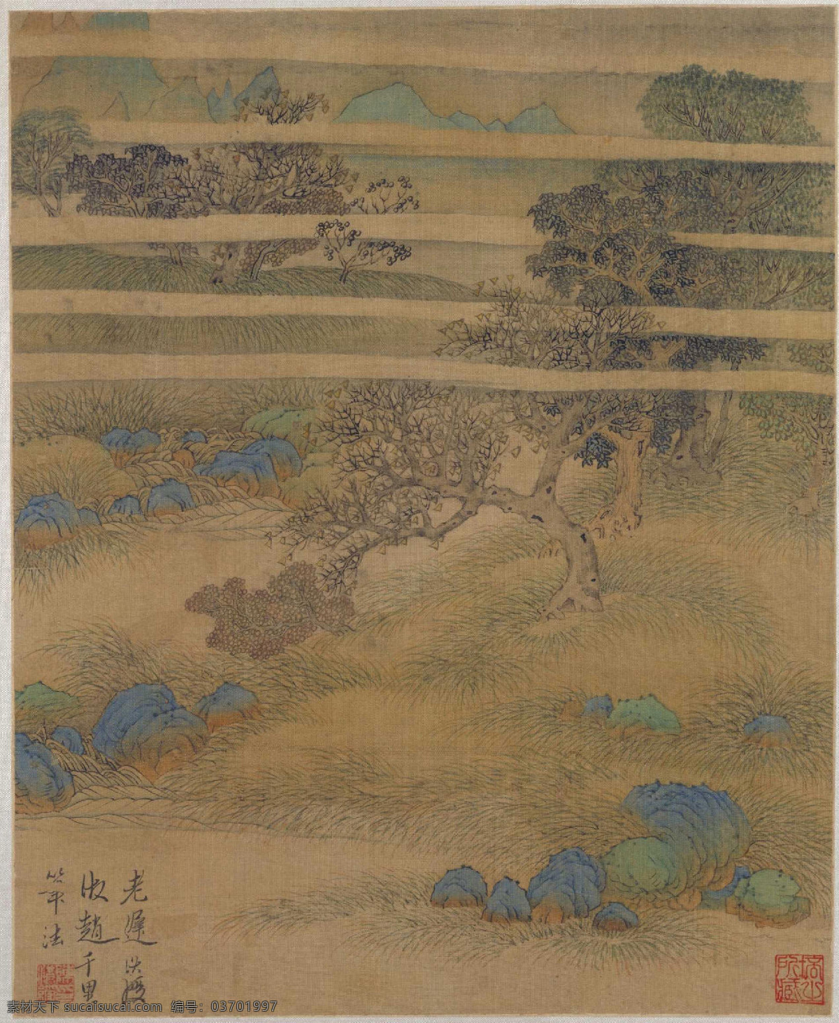 陈洪 绶 杂 画图 册 仿 赵 千里 笔法 绘画 书法 文化艺术 三国 两晋隋 唐 宋 元明 清 台北故宫 北京故宫 灰色