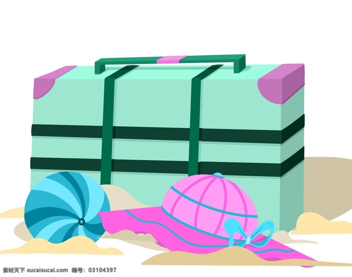 行李箱 太阳帽 沙滩 夏季主题 手绘沙滩 场景拍图 旅游沙滩 夏季沙滩 沙滩排球 情景插图