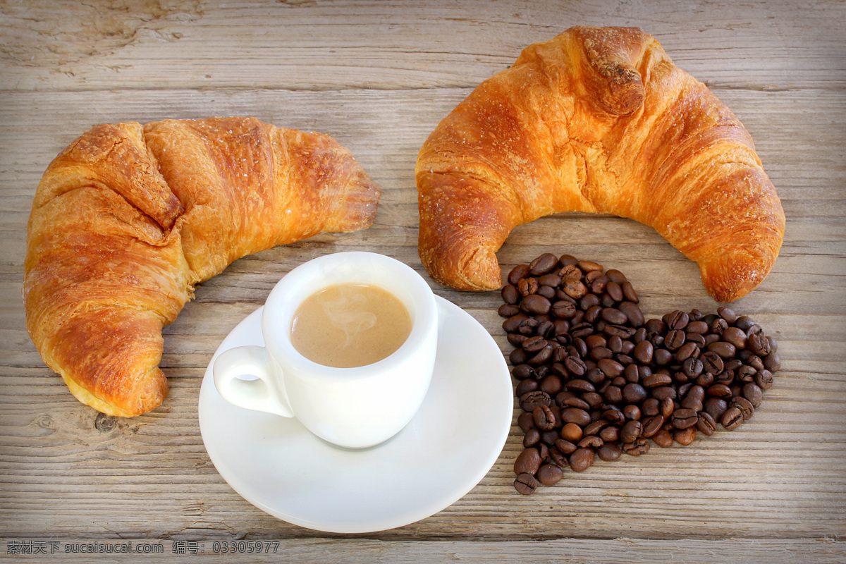 牛角面包 咖啡 爱心早餐 爱心 咖啡豆 面包