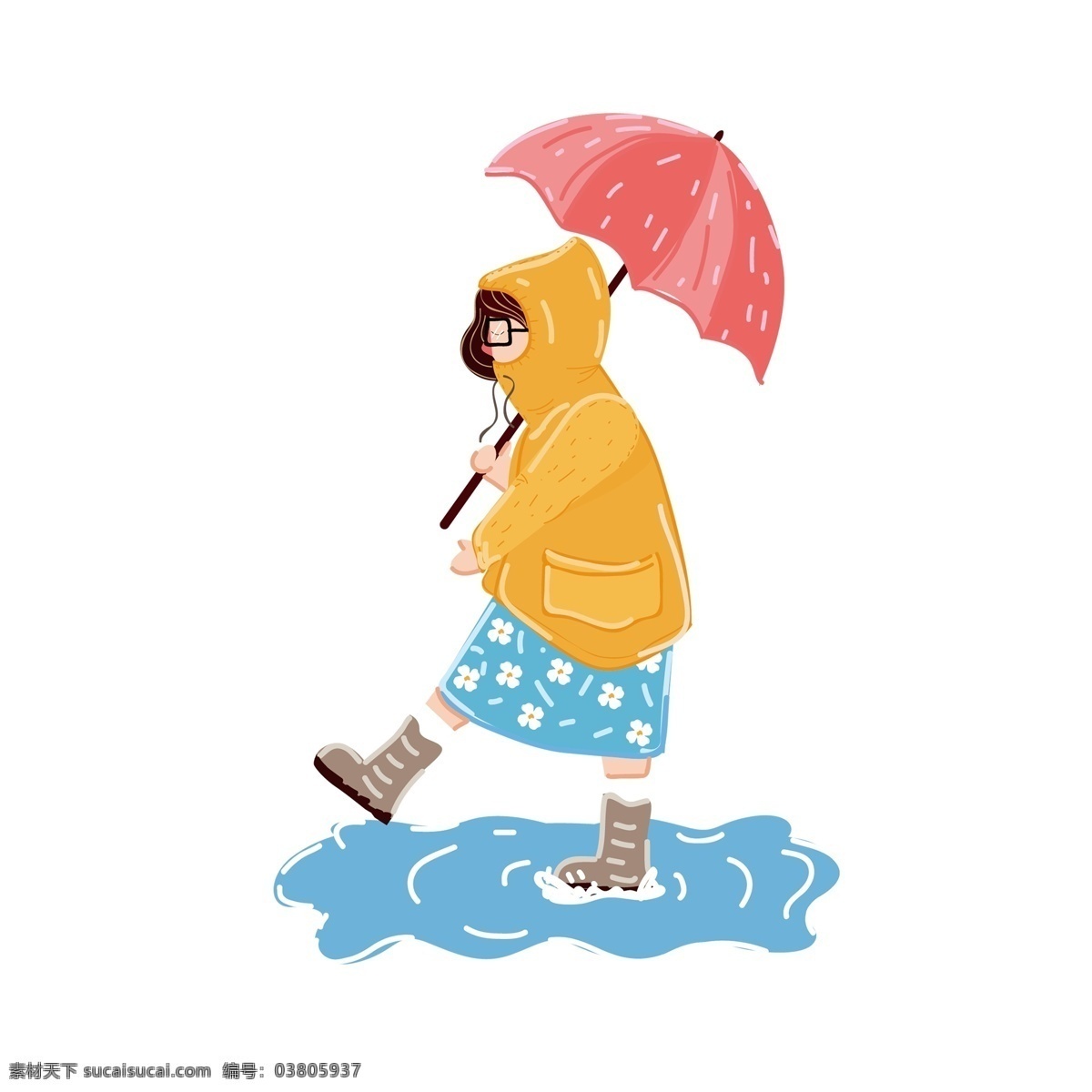 雨天 散步 小姑娘 装饰 元素 装饰元素 雨伞 黄色雨衣 水滴 水潭 少女 欢乐 雨鞋