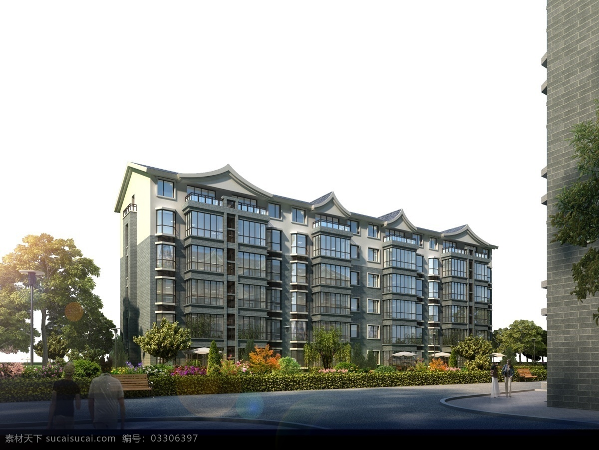 建筑效果图 前期自渲模型 地面 后期ps配景 分层素材 成图 黑色