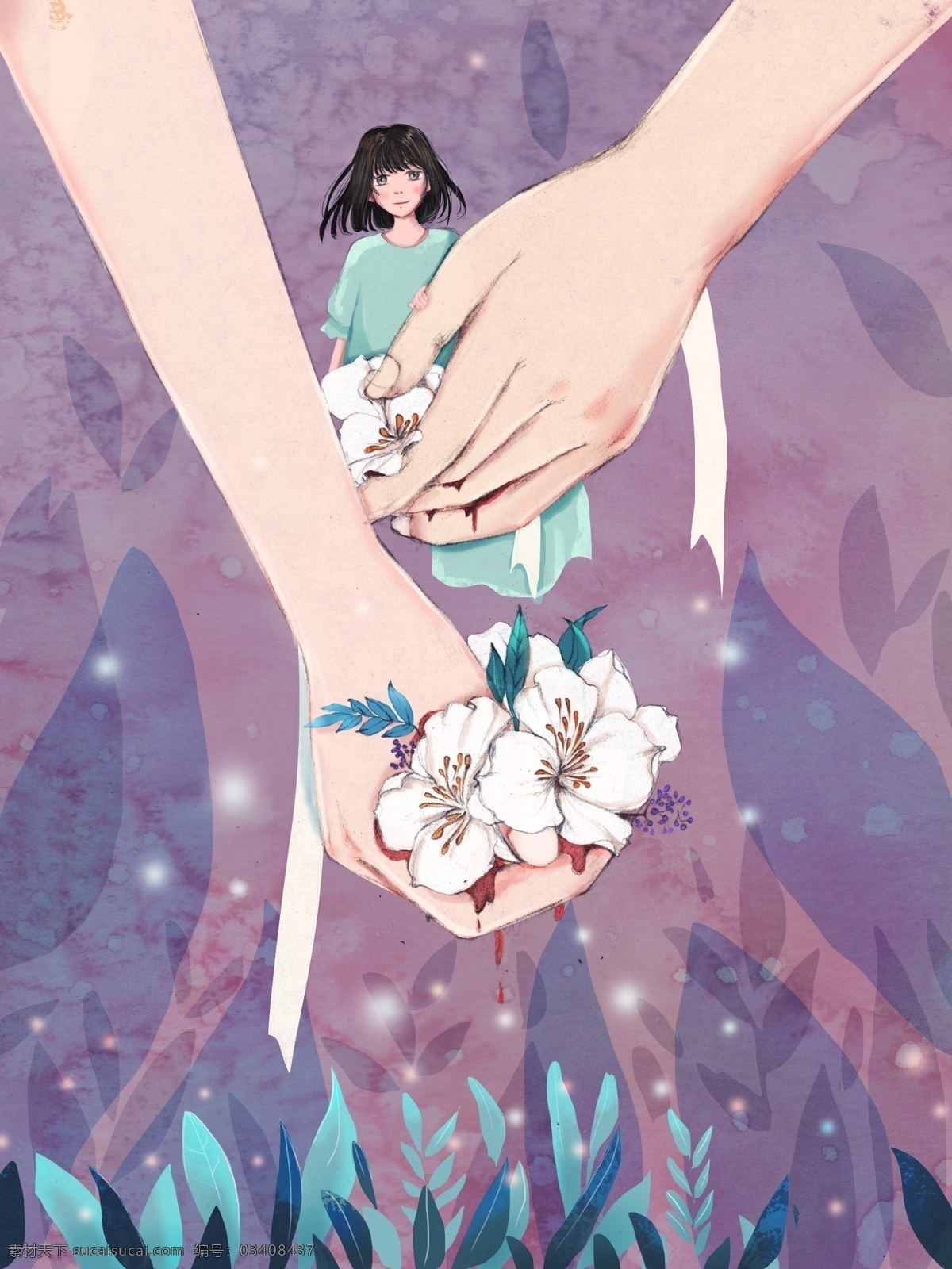原创 小 清新 插画 一月 你好 女孩 花卉 植物 壁纸 小清新插画 手 紫色系