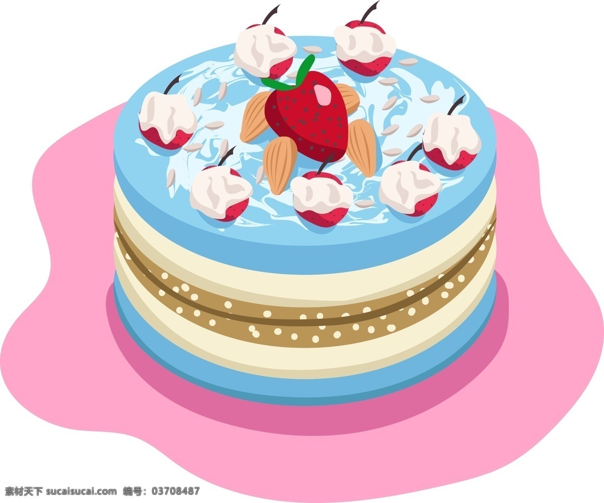 食物 生日蛋糕 矢量 蛋糕 草莓 蓝色 红色 黄色 奶油山楂 大杏仁 瓜子 粉色