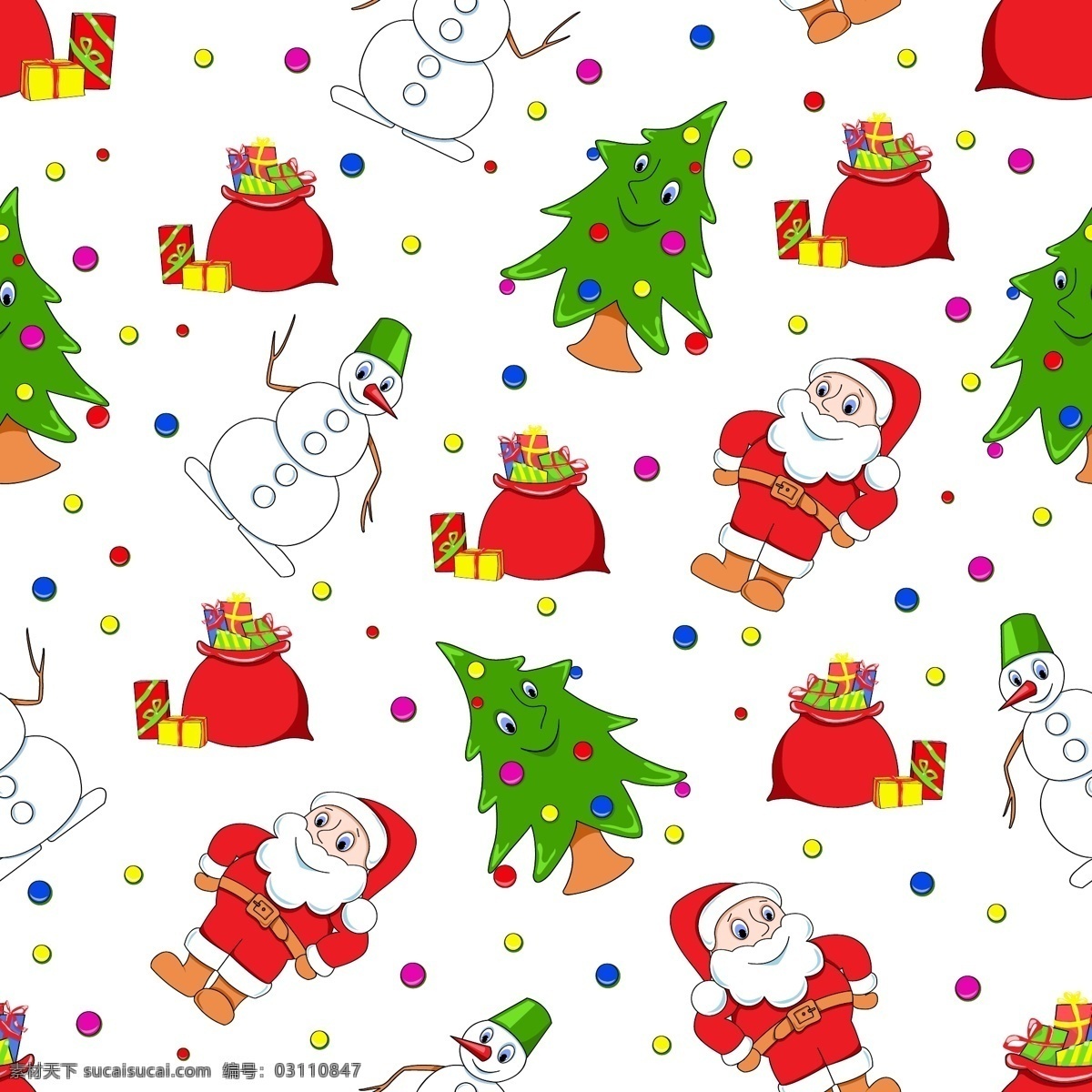 圣诞老人 雪人 圣诞树 矢量 插画 花纹 精美 卡通 可爱 礼盒 礼物 连续 圣诞节 纹样 矢量素材 节日素材