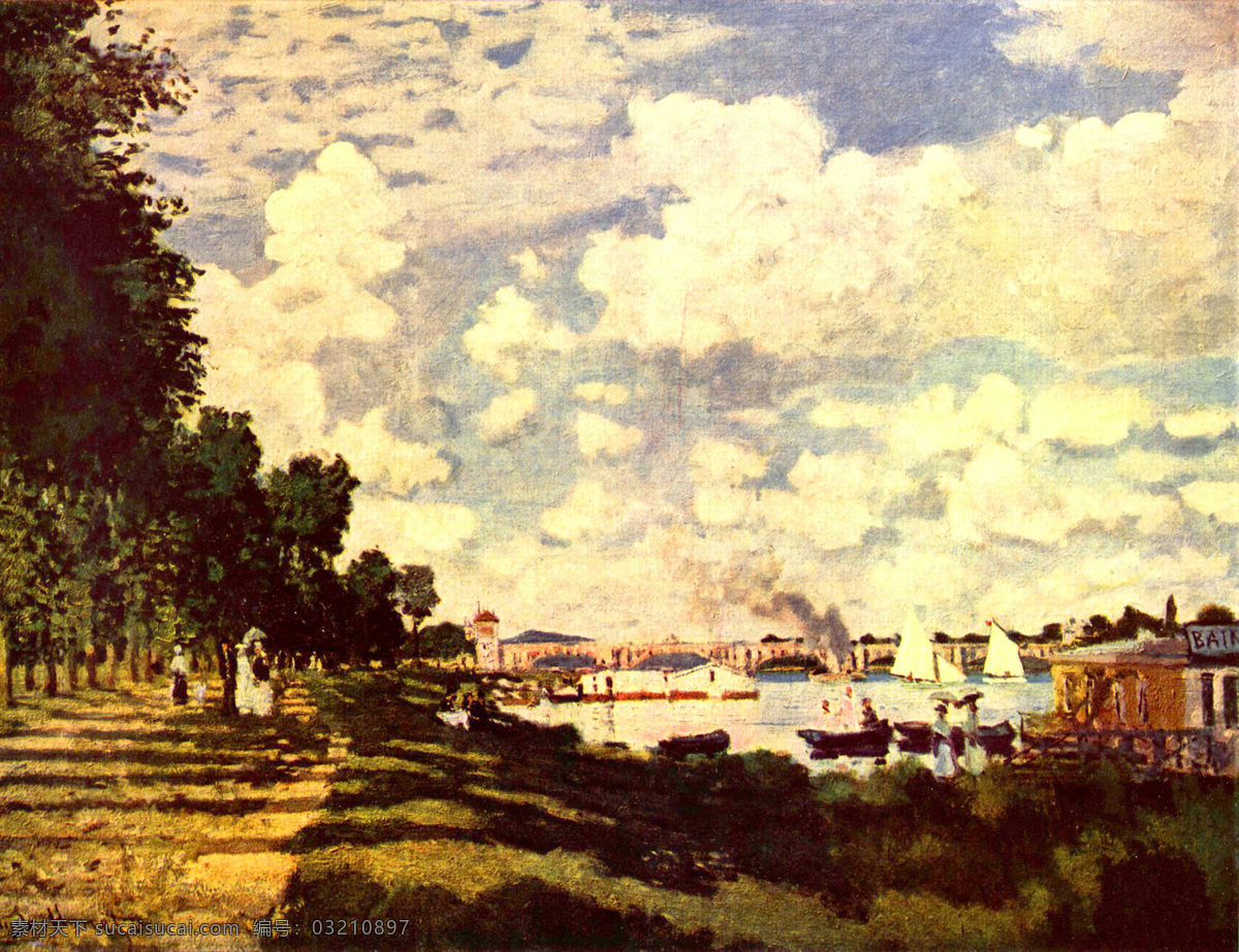 白云 房子 风景 风景油画 拱桥 河流 河水 绘画书法 印象派油画 欧美油画 油画 英国 英国油画 油画作品 油画风景 欧洲油画 大师作品 当代 艺术家 作品 画家作品 西方油画 印象派 经典油画 天空 树木 植物 人物 小河 小船 建筑 二 文化艺术 家居装饰素材