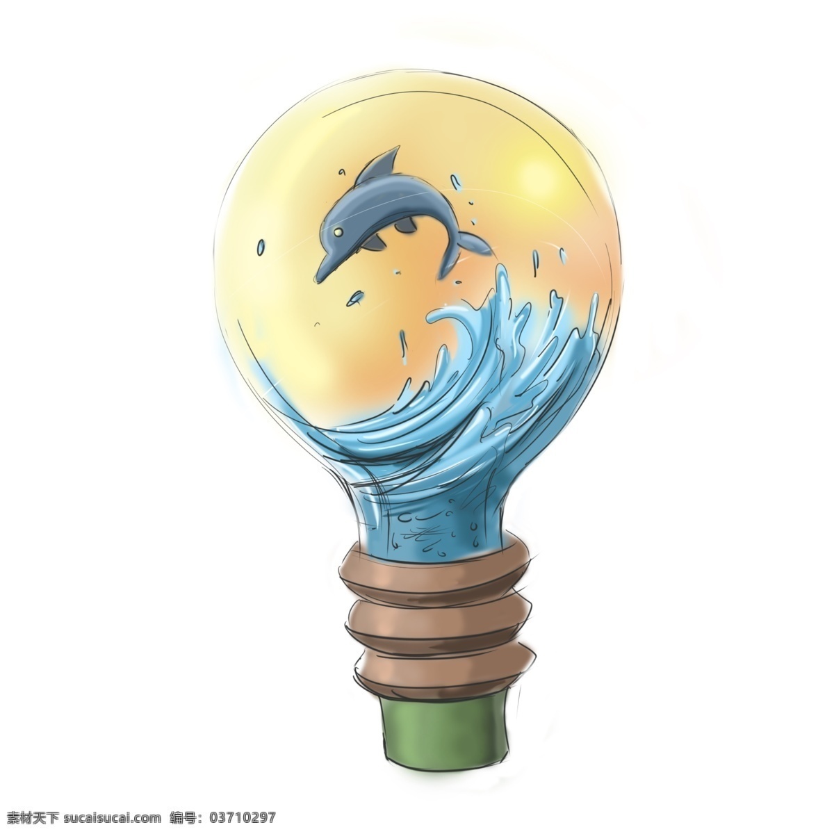 灯泡 创意 灯具 卡通 插画 手绘 创意灯饰 波涛汹涌 海浪飞溅 海豚 螺旋 光晕 温暖 暖色调 卡通风格 插画手绘
