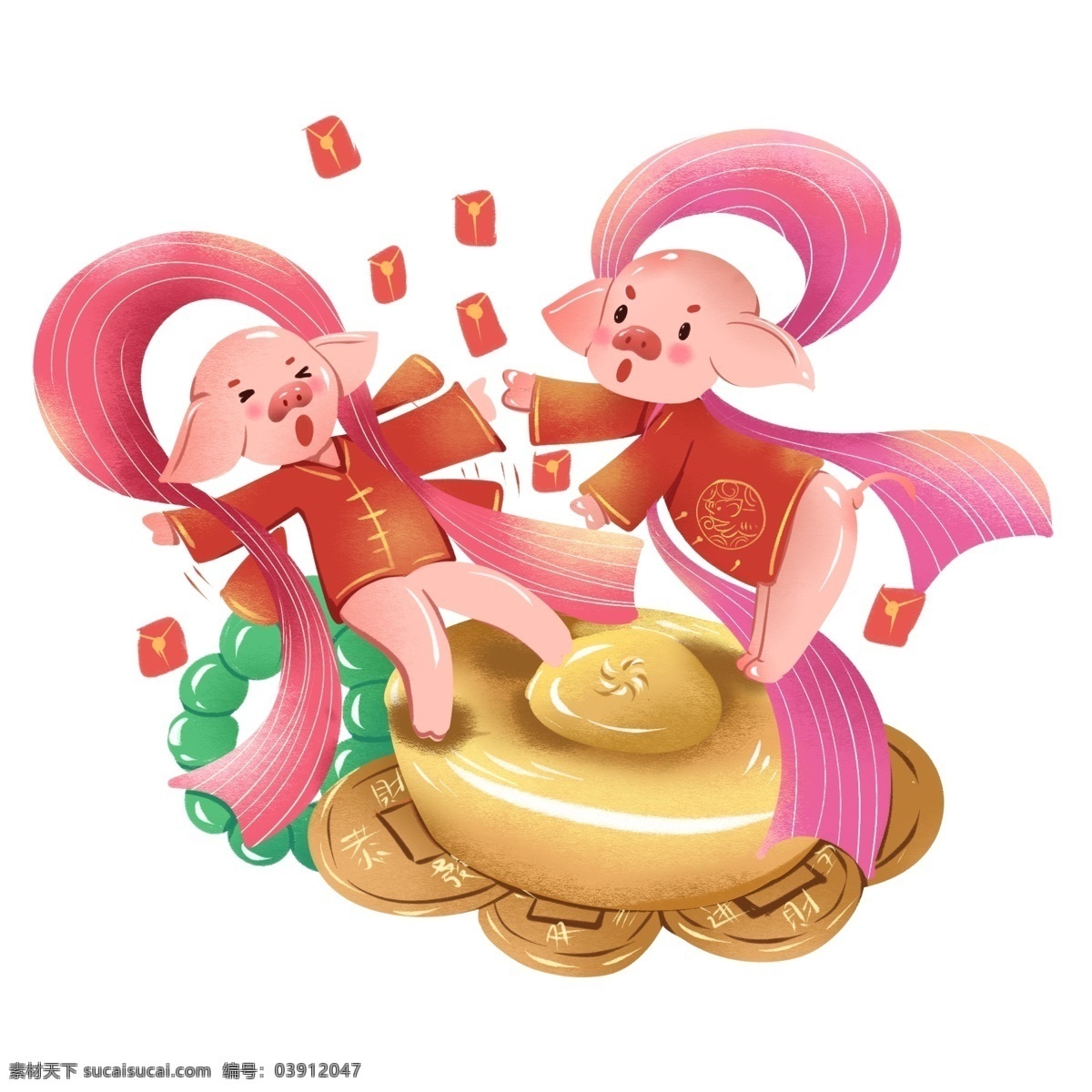 2019 春节 猪年 插画 发财 元素 商用 喜庆 新年 生肖 猪 元宝