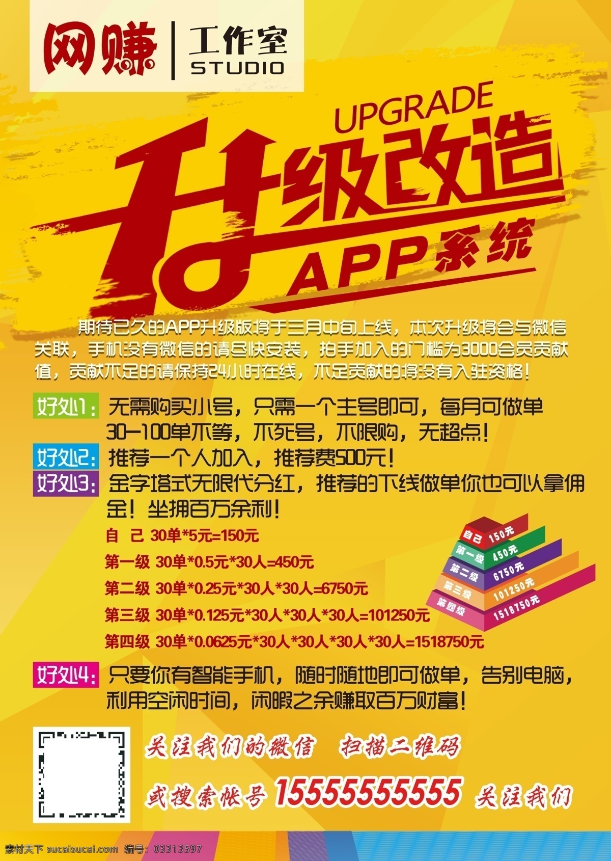 网 赚 工作室 海报 网赚工作室 分成 升级改造 app系统 海报展板 分层