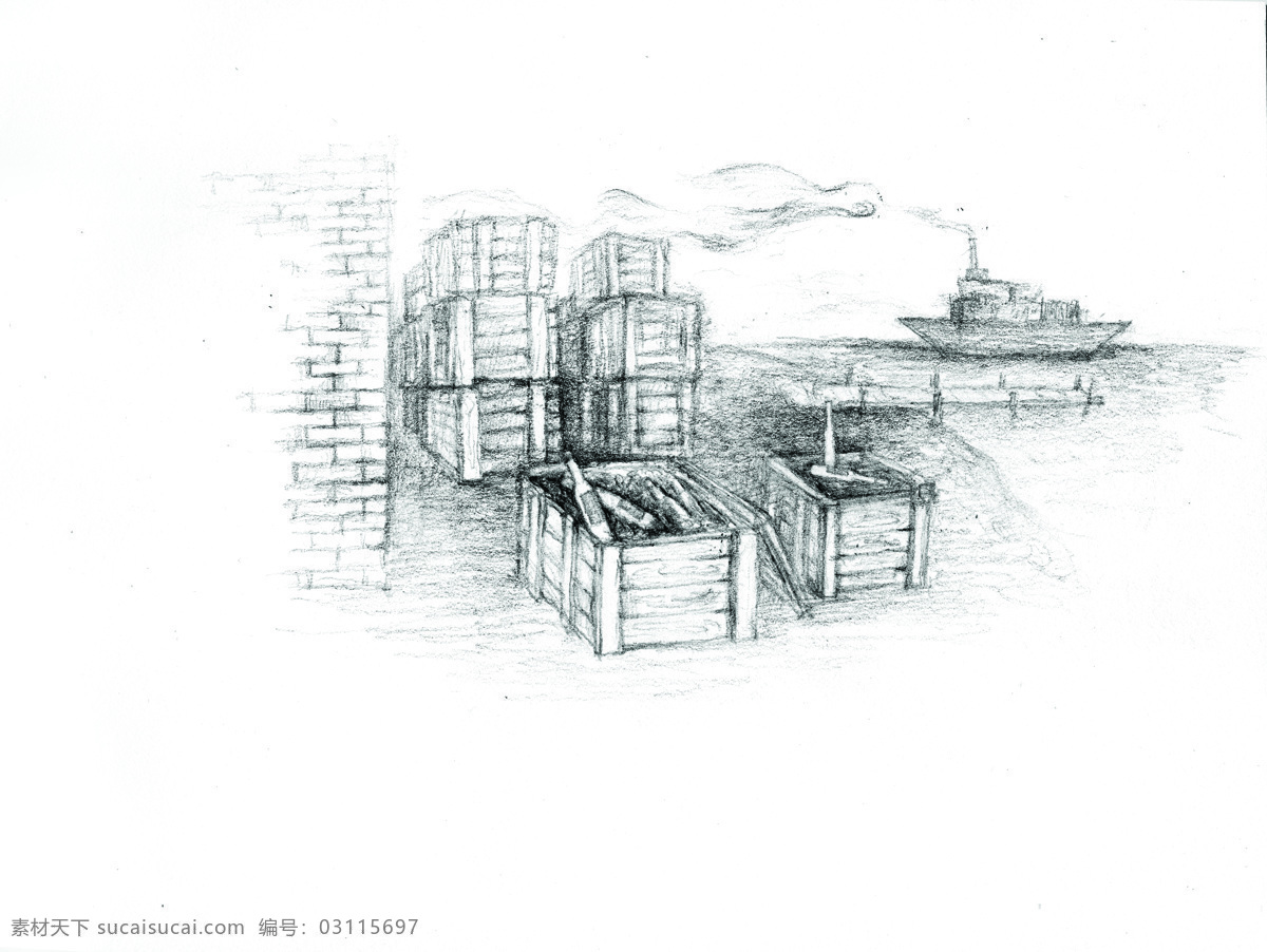 码头 插图 海边 海滩 绘画书法 轮船 葡萄酒 铅笔画 码头插图 酒仓 素描 箱子 文化艺术 psd源文件