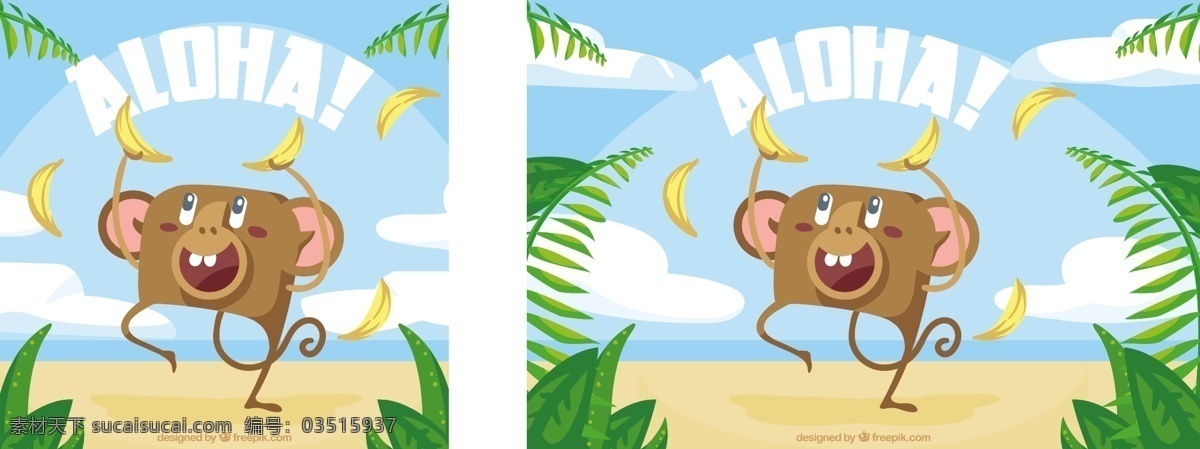 aloha 猴子 背景 夏季 海滩 树叶 热带 平 平面设计 夏季海滩 夏威夷 季节 香蕉叶 异国情调 香蕉 季节性