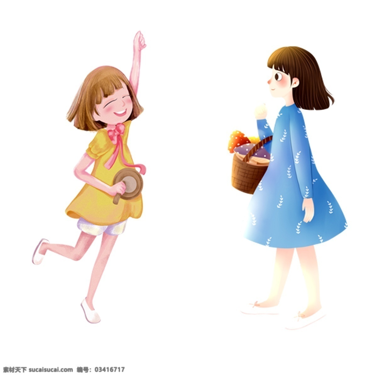 手绘 卡通 提 花篮 女孩 元素 提花 元素设计 装饰图案 彩色元素 卡通元素 可爱元素 卡通女孩