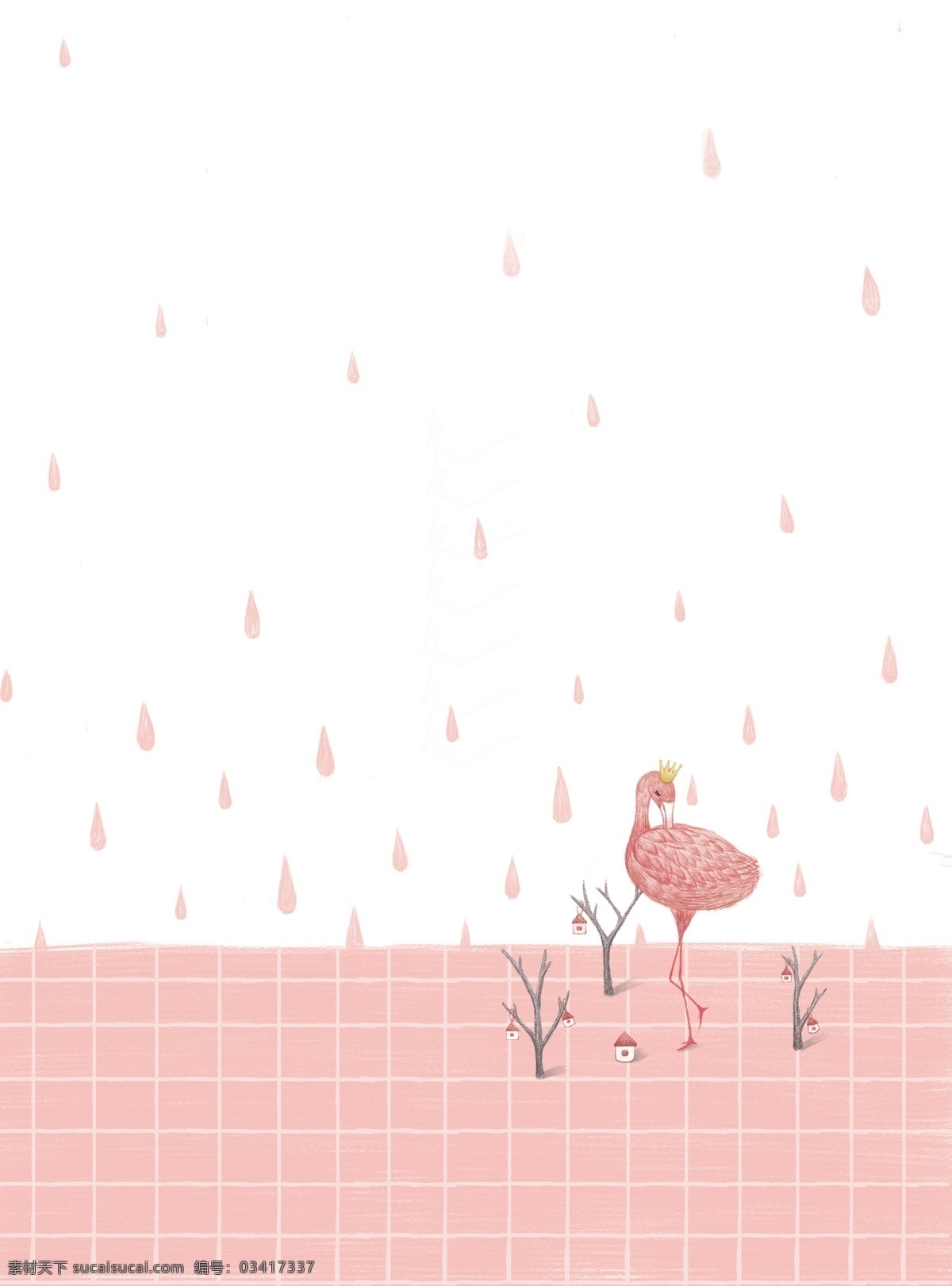原创 手绘 火烈鸟 造型 方格 粉色 鸟 背景图 雨滴