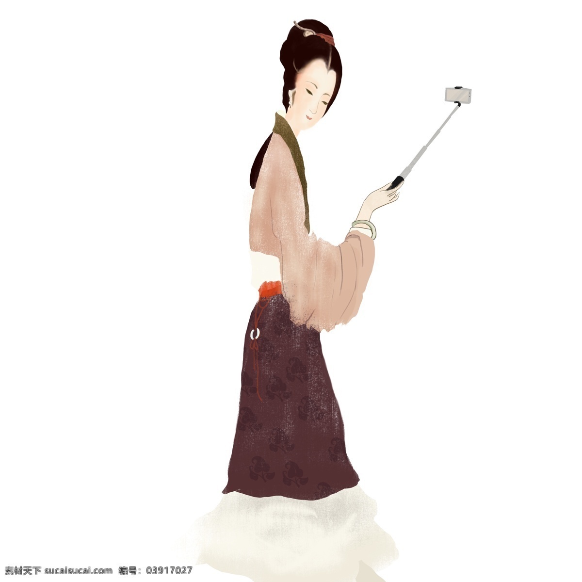 创意 手绘 自拍 仕女 人物 中国风 古风 插画 复古 女人 人物设计 自拍杆