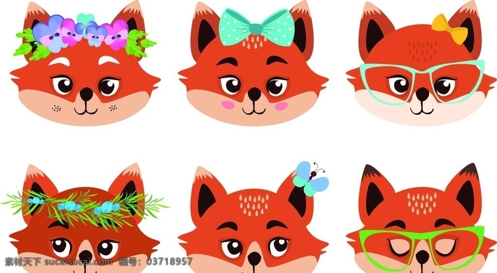 卡通狐狸头像 卡通动物 狐狸 狐狸头像 狐狸表情 表情秀 花环 镜框 蝴蝶结
