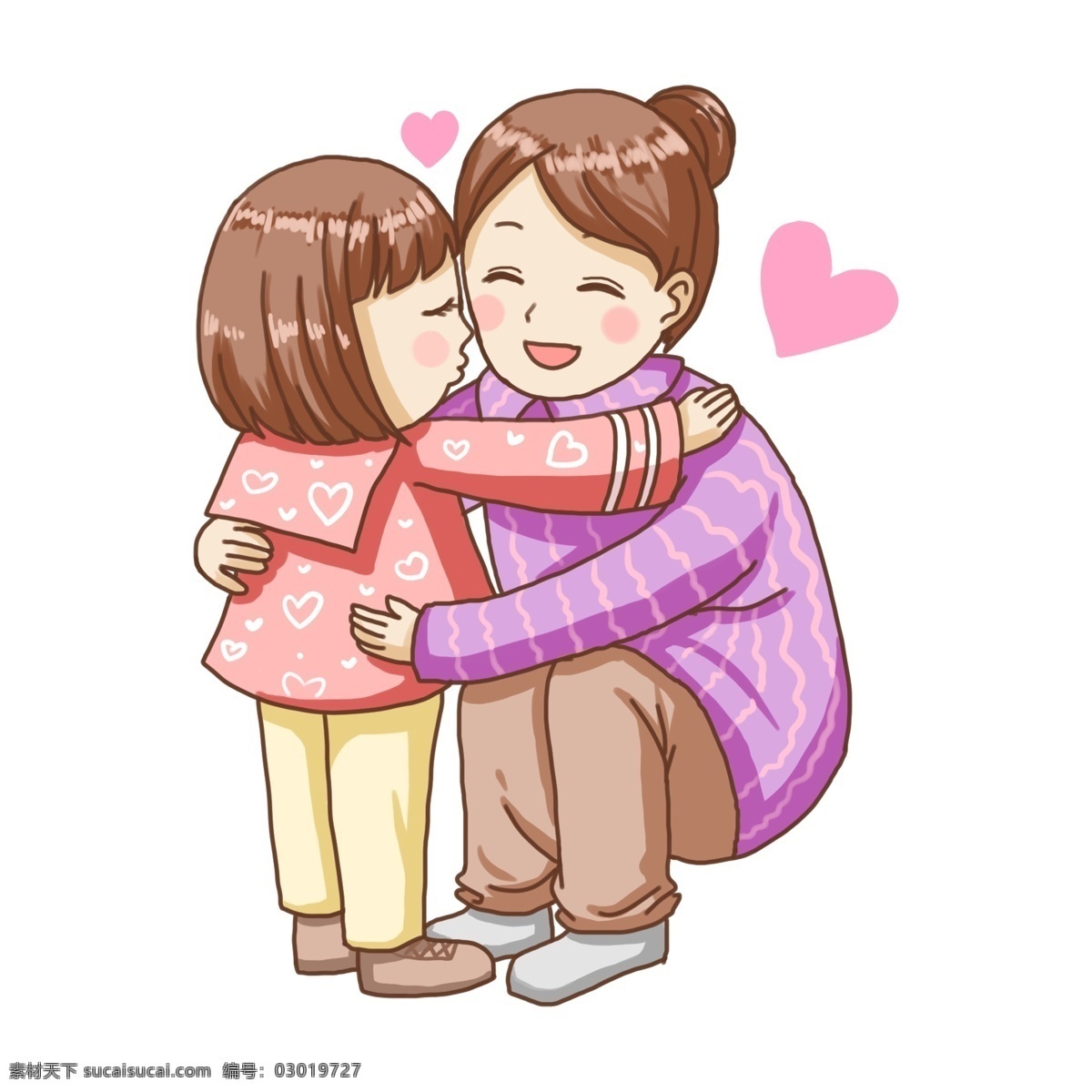 妈妈 一个 大大 亲吻 卡通 手绘 拥抱 小女孩儿 脸颊 爱心 孝敬长辈 感恩 过年团聚 粉色 紫色 黄色 蹲在地上