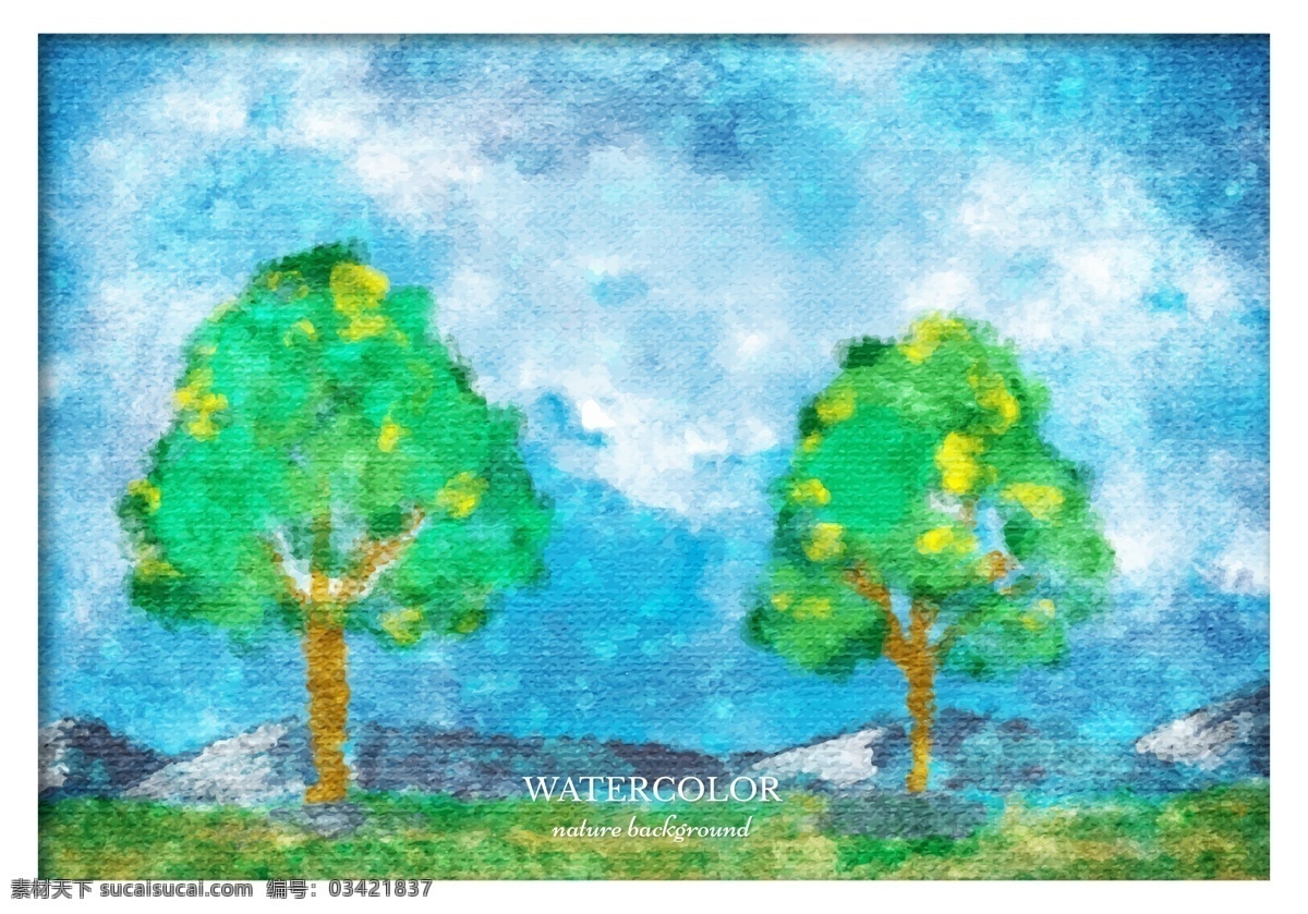 手绘 户外 风景 背景 矢量 蓝天 绿色树 矢量素材 树